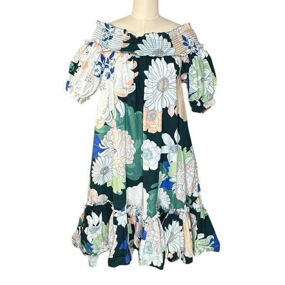 Cara Cara Zinnia Green Floral Off the Shoulder Midi Dress| Size 6 - Picture 3 of 11